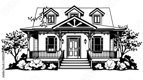 Classic home silhouette vector art, rendered in black on a clean white background, featuring a prominent porch with intricately designed steps, detailed window frames and shutters, surrounded by lush 