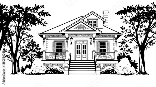 Classic home silhouette vector art, rendered in black on a clean white background, featuring a prominent porch with intricately designed steps, detailed window frames and shutters, surrounded by lush 
