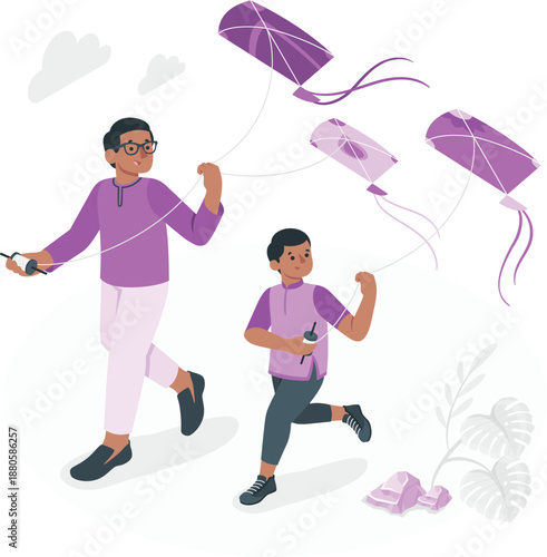 Father and son flying kites together on a windy day outdoors with joyful expressions