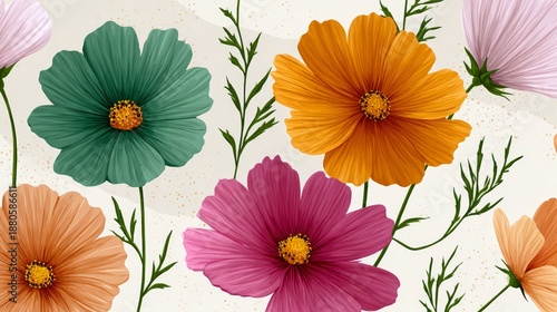 Wallpaper Mural Colorful floral illustration featuring various flowers in shades of orange, pink, teal, and green with delicate leaves on a light textured background for decorative use Torontodigital.ca