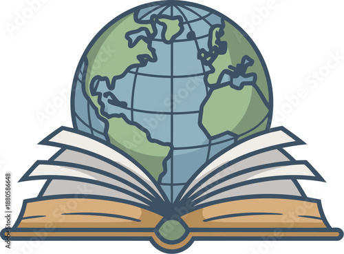 An illustration of a globe sitting on an open book symbolizing education and global knowledge