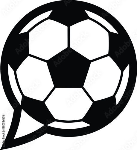 A black and white illustration of a soccer ball in a speech bubble