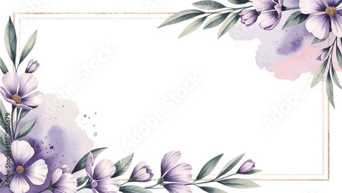 Purple Watercolor Floral Frame with Elegant Gold Border, Lavender Flower Botanical Background for Wedding Invitation, Aesthetic Violet Floral Border with Gold Geometric Frame, Romantic Hand Painted