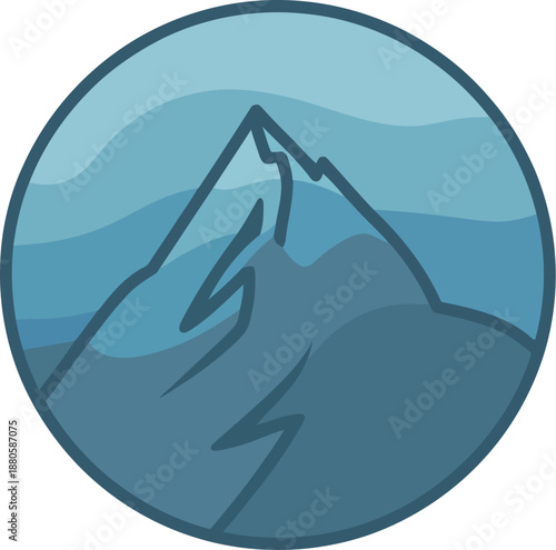 A stylized illustration of a mountain peak in a circular frame