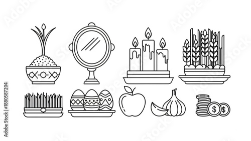 Shabbat shalom symbols jewish holiday icons traditional food candles and objects on white background
