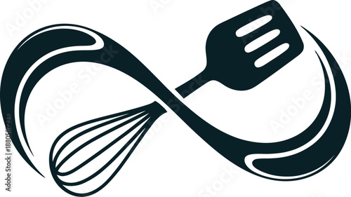 A stylized infinity symbol made from a whisk and spatula kitchen utensils