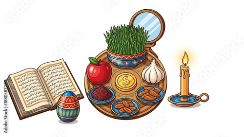 Traditional nowruz haft seen table setting with symbolic items food and candle on white background celebrating persian new year