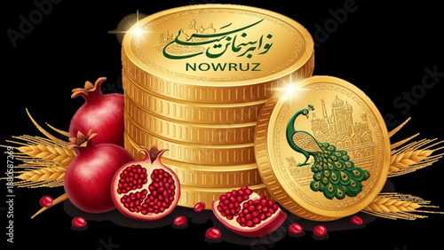 Golden coins with nowruz text and pomegranates on black background symbolizing persian new year celebration