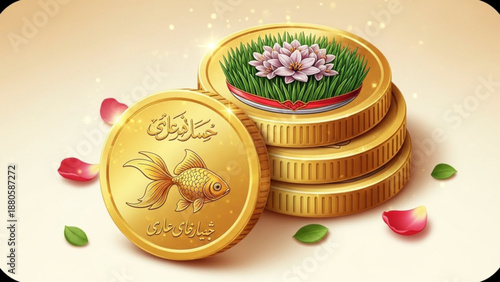 Golden coins with fish and floral design symbolizing prosperity and wealth on a beige background with rose petals
