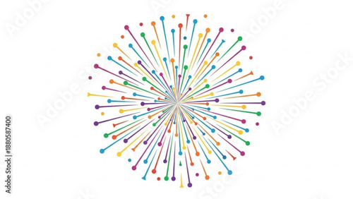 Vibrant multicolored radial lines burst outward in dynamic explosion of colorful dots and streaks on white background