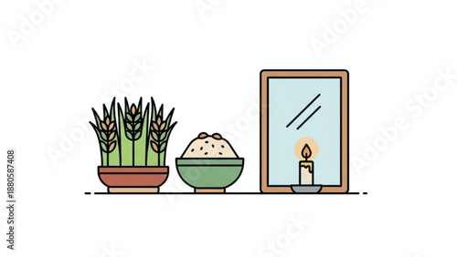 Serene still life setup with potted plant bowl of rice and lit candle in mirror reflection minimalist home decor inspiration