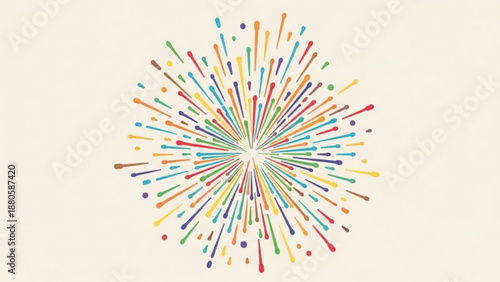 Vibrant multicolored burst graphic with dynamic lines and dots on beige background symbolizing energy and celebration