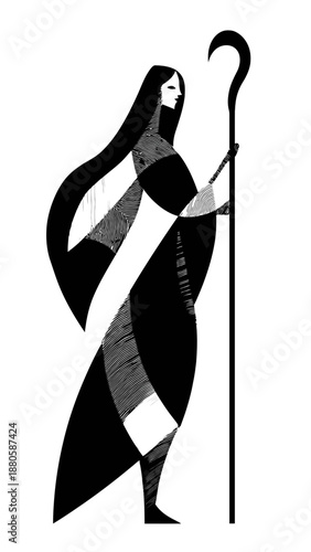 Woman Shepherd with Staff Stylized Illustration.