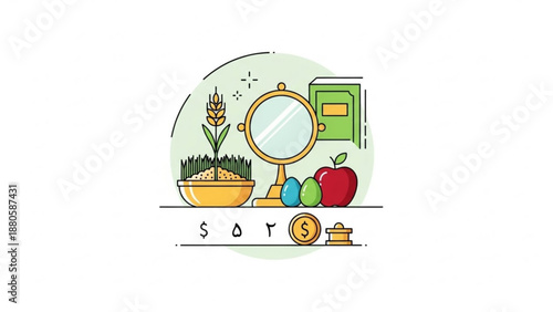 Healthy eating concept illustration with fruits grains and wellness symbols on a clean background