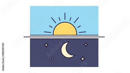 Day and night concept with sun and moon on horizon contrasting blue sky and space background