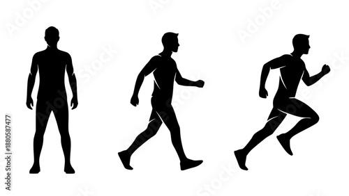 Set of 3 Male Human Silhouettes Standing Walking Running Vector isolated PNG with Transparent Background