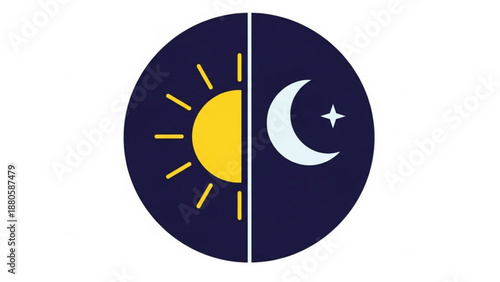Day and night symbol sun and moon icon duality concept with yellow sun white crescent moon and star on dark blue background
