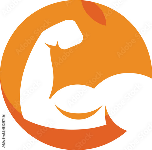 A muscular arm flexing in an orange circle logo on white background