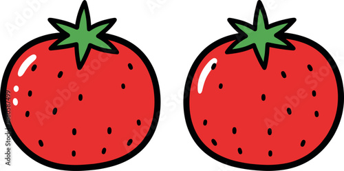 Set of two fresh red tomato vector illustrations with green stems for vegetable market organic food and cooking