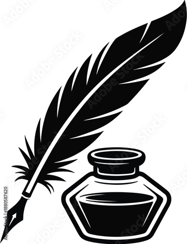 A black and white illustration of a feather quill and inkwell
