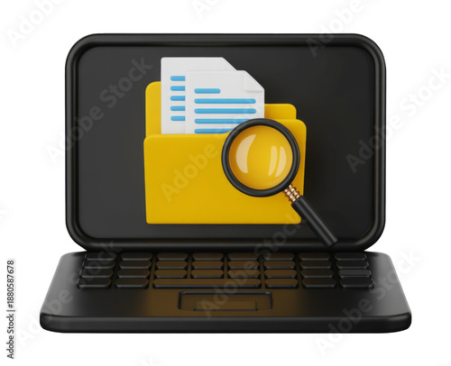 3D Document Management on Laptop with Folder and Search Magnifier