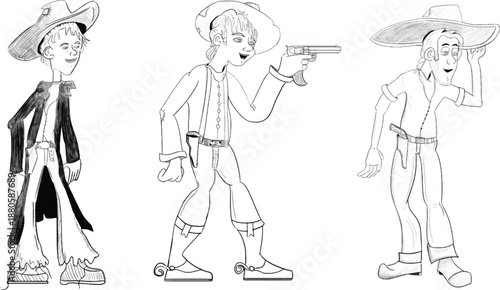 3 different cowboy cartoon characters illustrations in black and white 