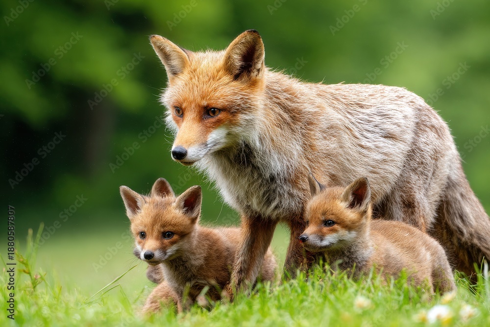 Fototapeta premium A Nurturing Mother Fox Stands Guard Over Two Adorable Kits in a Lush Green Meadow