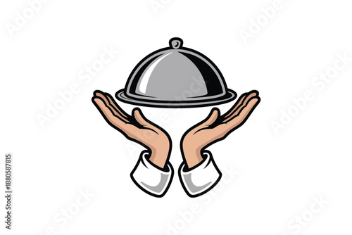 A cartoon illustration of hands holding a silver serving dish with a dome lid