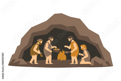 A group of cavemen cooking food over a fire in a cave