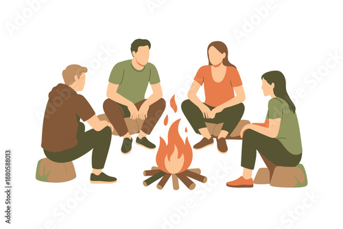 Four friends sitting around a campfire in a serene outdoor setting together