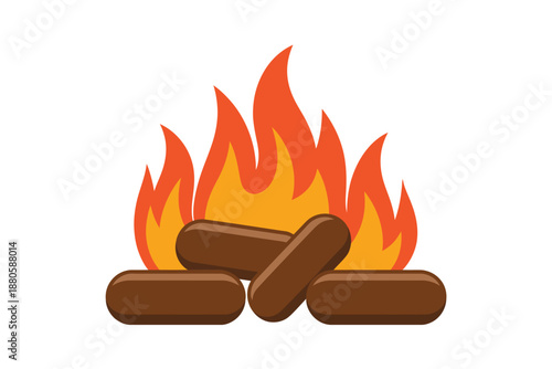 A cartoon illustration of a campfire with logs and flames burning brightly