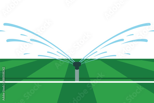 An illustration of a sprinkler watering a green lawn on a sunny day