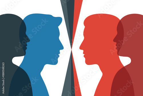 A group of people silhouettes facing each other in profile view