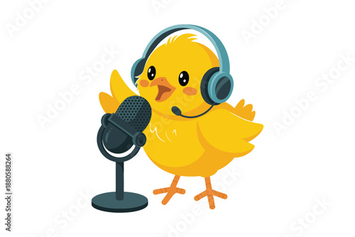 A cartoon yellow chick wearing headphones and speaking into a microphone