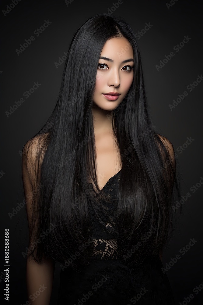 Fototapeta premium A luxurious, straight, long hairstyle emphasizing smooth, shiny, and healthy hair is ideal for advertising hair care products and salons.