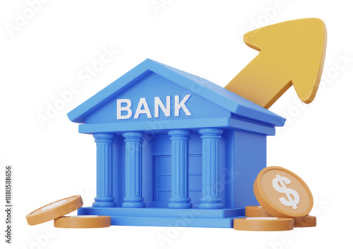 3D Bank Building with Dollar Coins and Upward Growth Arrow