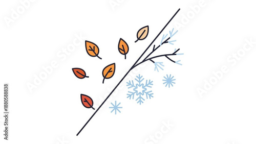 Seasonal change illustration with autumn leaves and snowflakes on a divided branch
