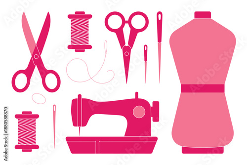 A collection of pink sewing tools and equipment on a white background