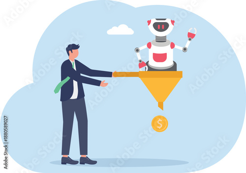 Businessman Funneling Robot AI into Gold Coin