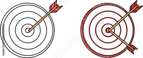 Set of two target board vector illustrations in outline and hand drawn styles with arrows hitting the bullseye