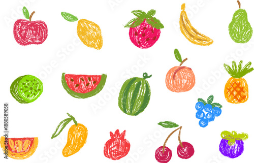 Apple, lemon, strawberry, banana, pear, kiwi, watermelon, peach, pineapple, mango, cherry, berry, grape, pomegranate. Fruit food in hand drawn cartoon doodle style.