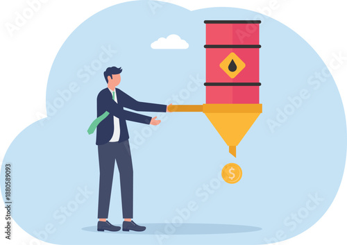 Businessman Funneling Oil Barrel into Gold Coin