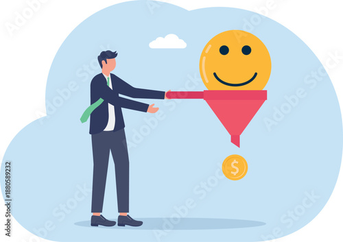Businessman Funneling Happy Emoji into Gold Coin