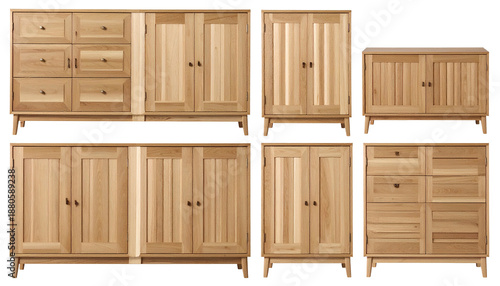 Wallpaper Mural Multiple wooden cabinets with varying designs and sizes, arranged on a neutral background Torontodigital.ca