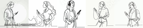 line art half body of a woman standing listening to music with headphones