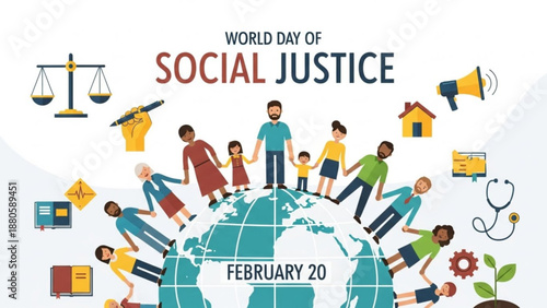 World day of social justice illustration with diverse people around globe