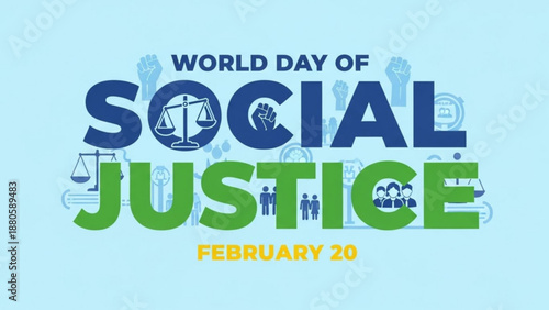 World day of social justice poster with blue and green text on light blue background february 20