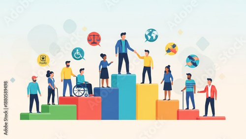 Diverse people on colorful bar graph with accessibility and eco symbols teamwork and partnership concept