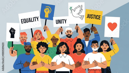 Diverse group of people holding signs for equality unity justice and love in a vibrant illustration