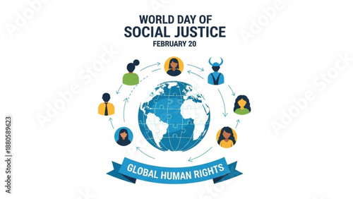 World day of social justice illustration with globe and diverse people icons february 20 global human rights concept